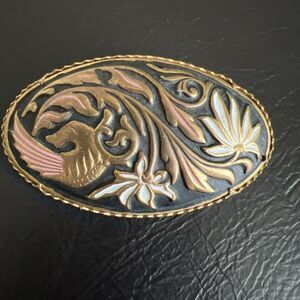 Vintage Damascene Oval Brooch Spanish Gold Tone Flowers Pin